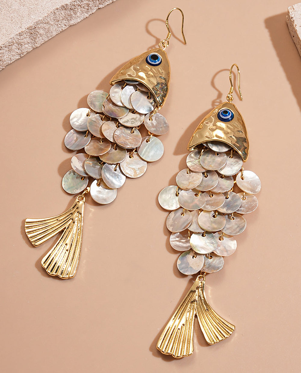 SOLACEEvil Eye Fish Shape Natural Shell Sequins Tassel Drop Earrings