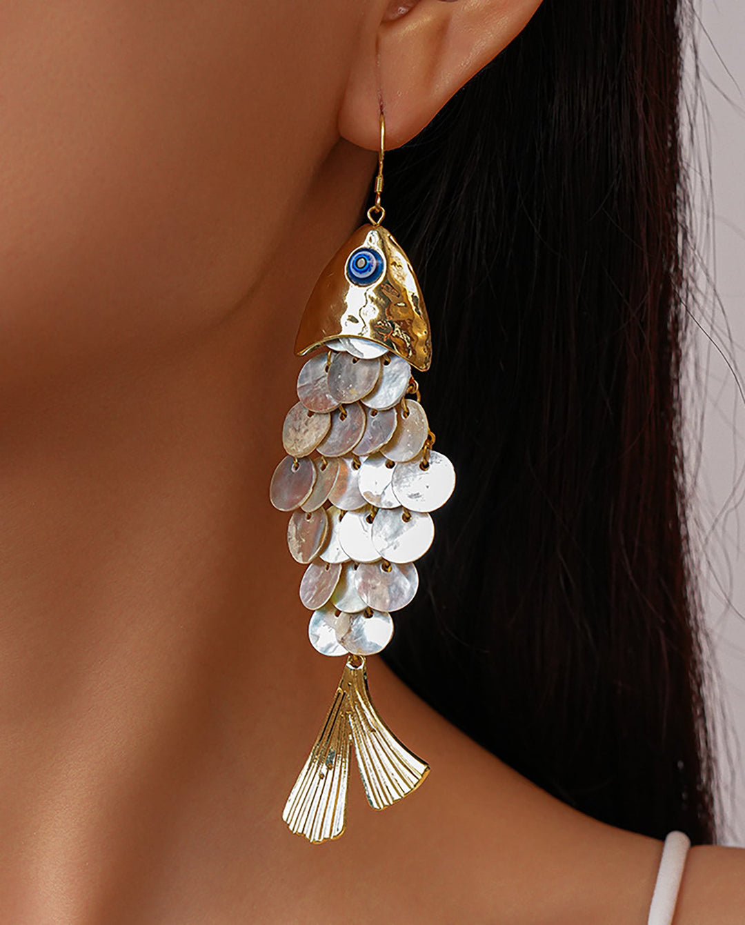 SOLACEEvil Eye Fish Shape Natural Shell Sequins Tassel Drop Earrings