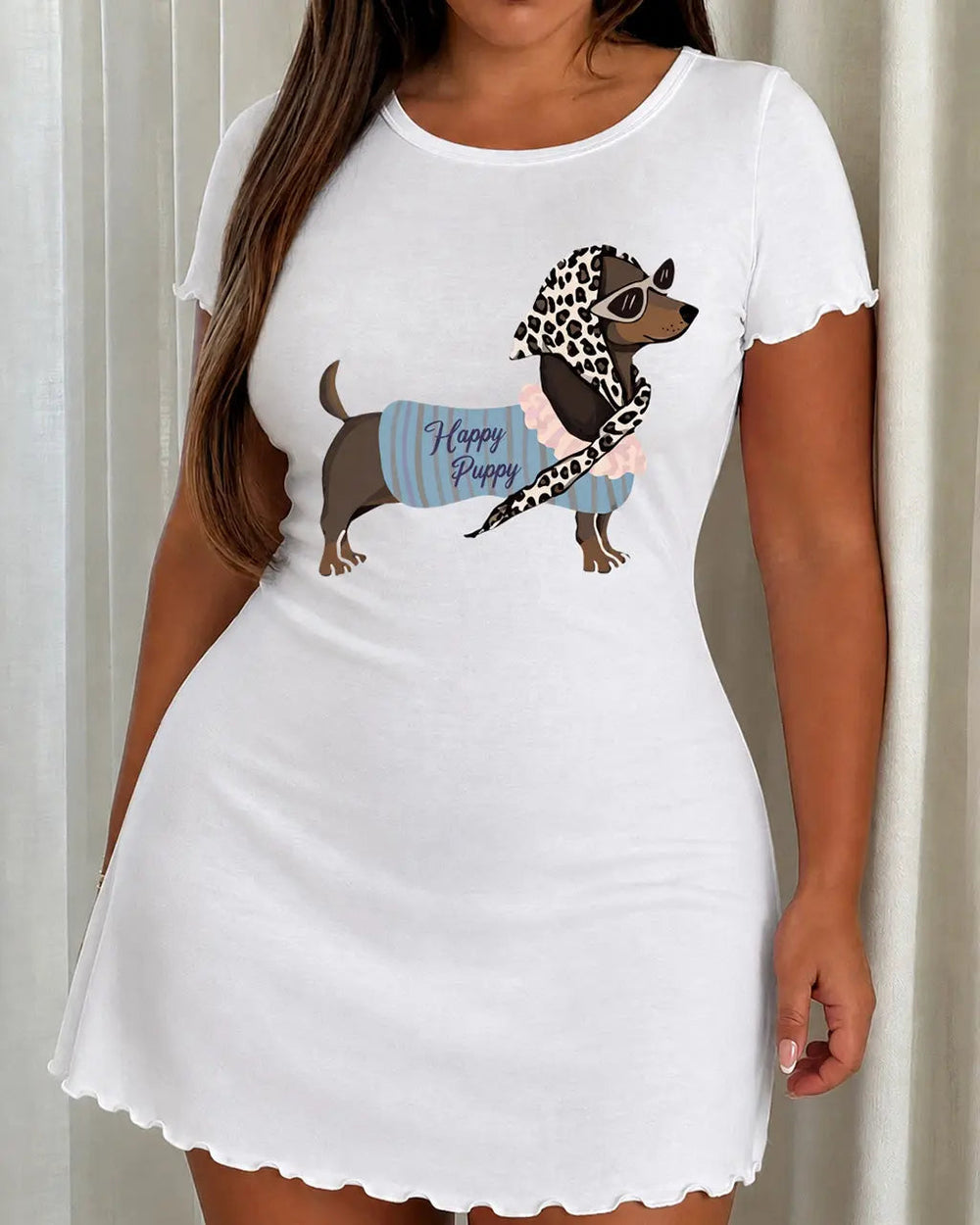 SOLACEFashion Dachshund with Leopard Scarf Short Sleeve Sleep Dress