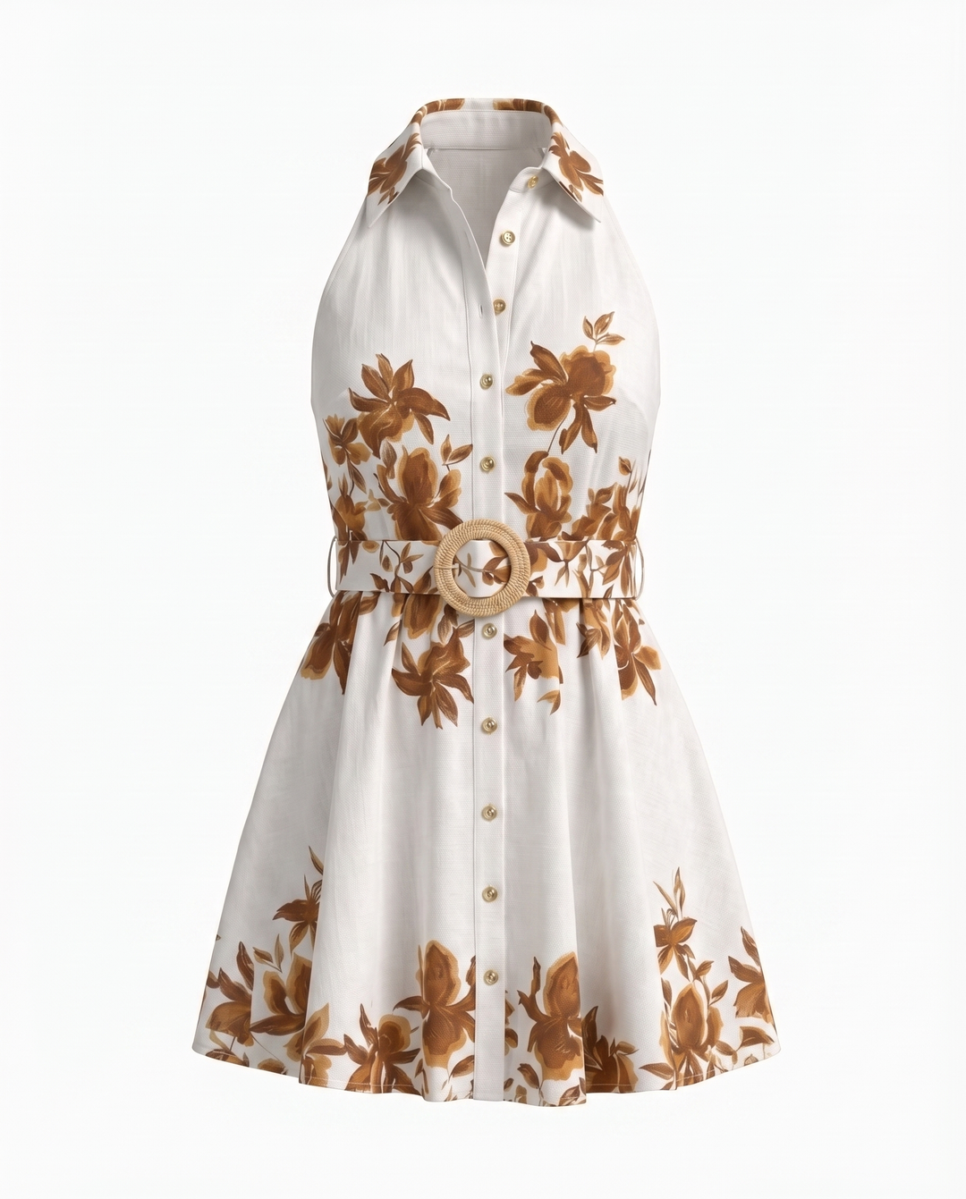 SOLACEFloral Print Belted Halter Neck Shirt Mini Dress