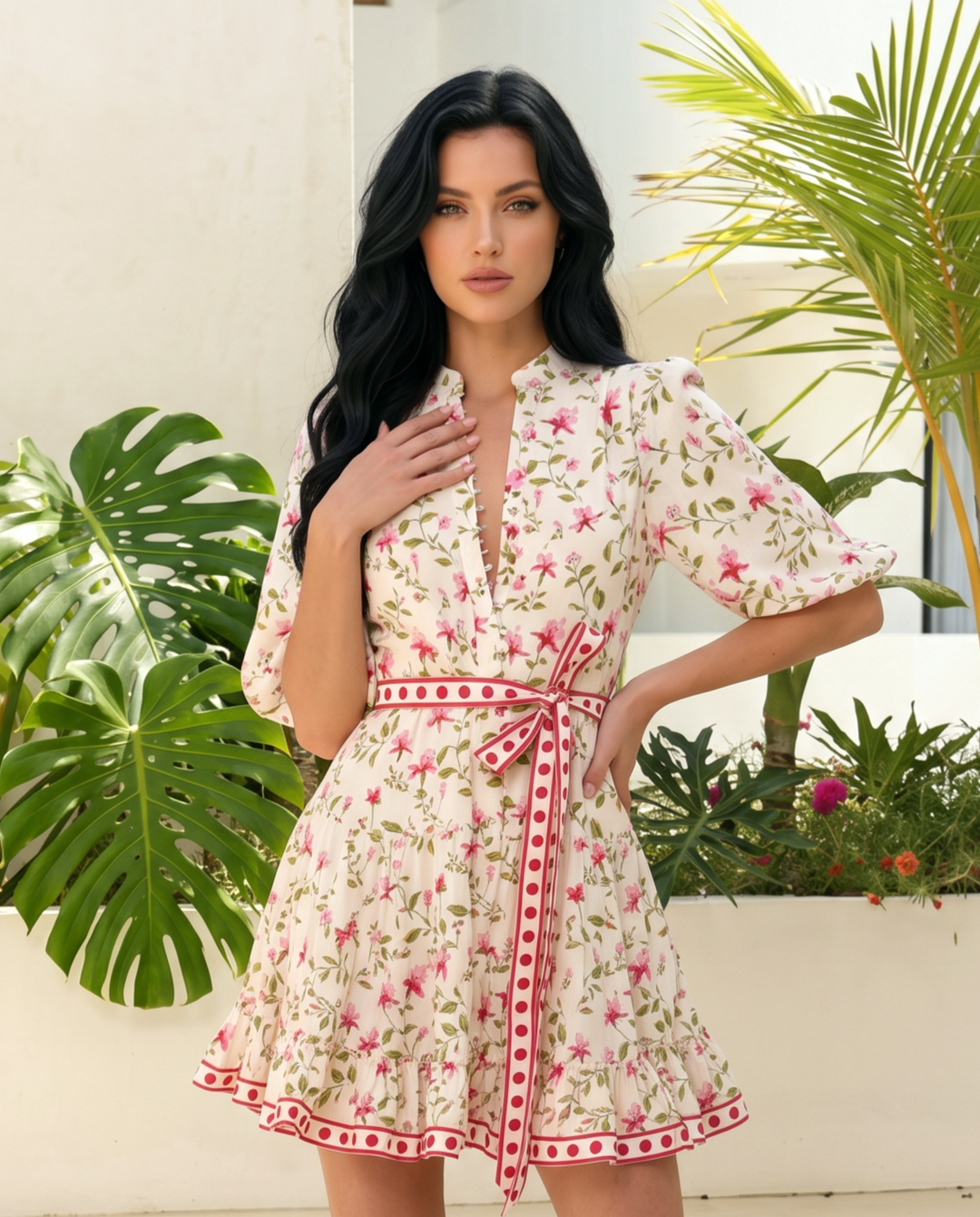 SOLACEFloral Print Linen Blend Puff Sleeve Mini Dress
