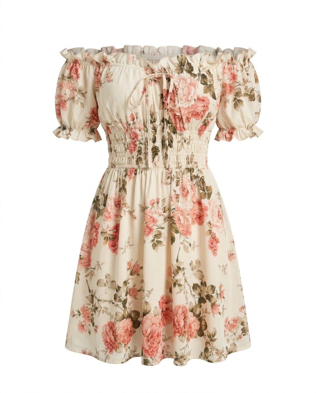 SOLACEFloral Print Off Shoulder Short Sleeve Mini Dress
