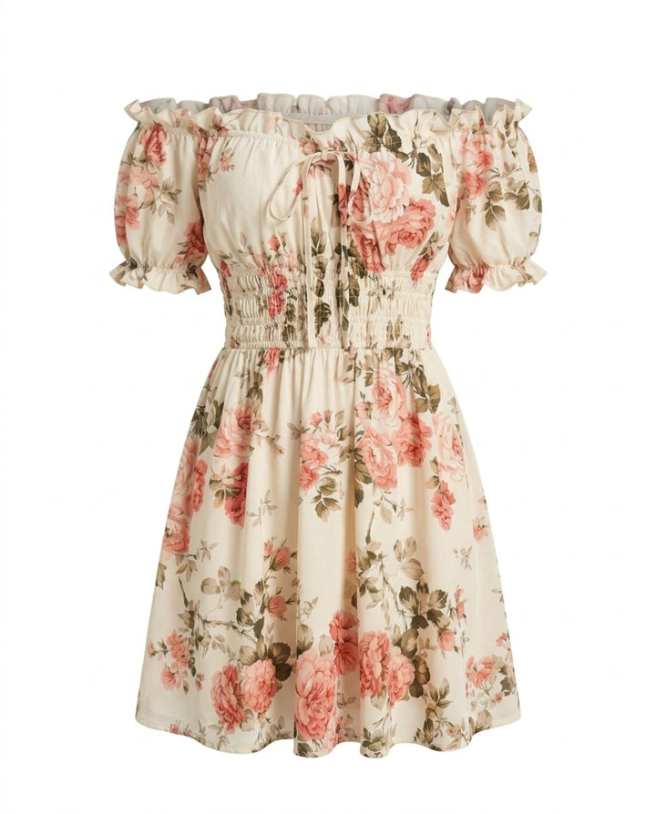 SOLACEFloral Print Off Shoulder Short Sleeve Mini Dress