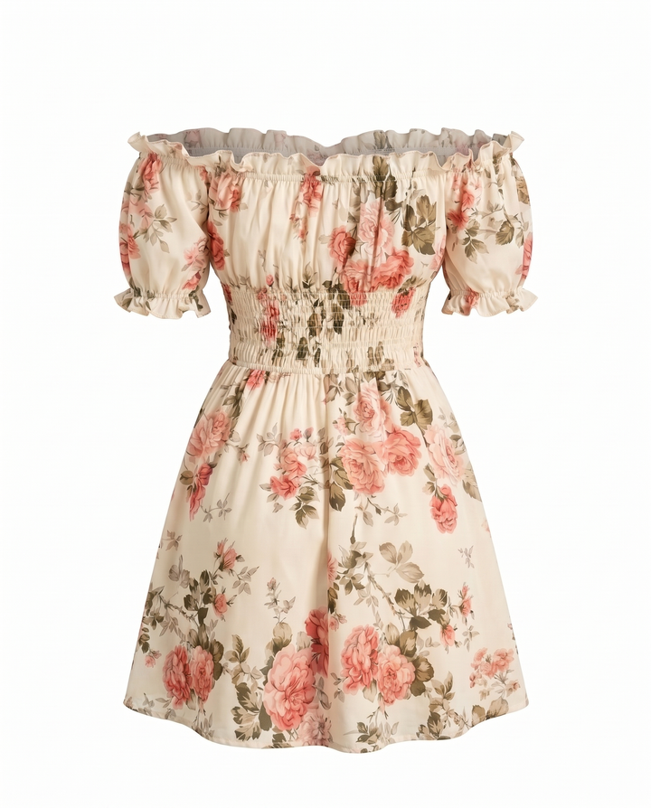 SOLACEFloral Print Off Shoulder Short Sleeve Mini Dress