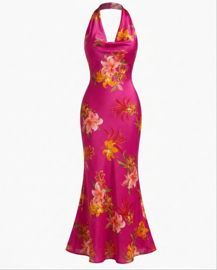 SOLACEFuchsia Tropical Floral Print Halter Neck Cowl Bust Mermaid Maxi Dress