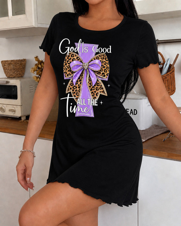 SOLACE"God Is Good All The Time" Leopard Bow Cross Print Nightdress (XS-5XL)