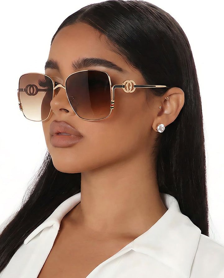 SOLACEGold Metal Square Sunglasses with Double Ring Decor &amp; Gradient Brown Lenses