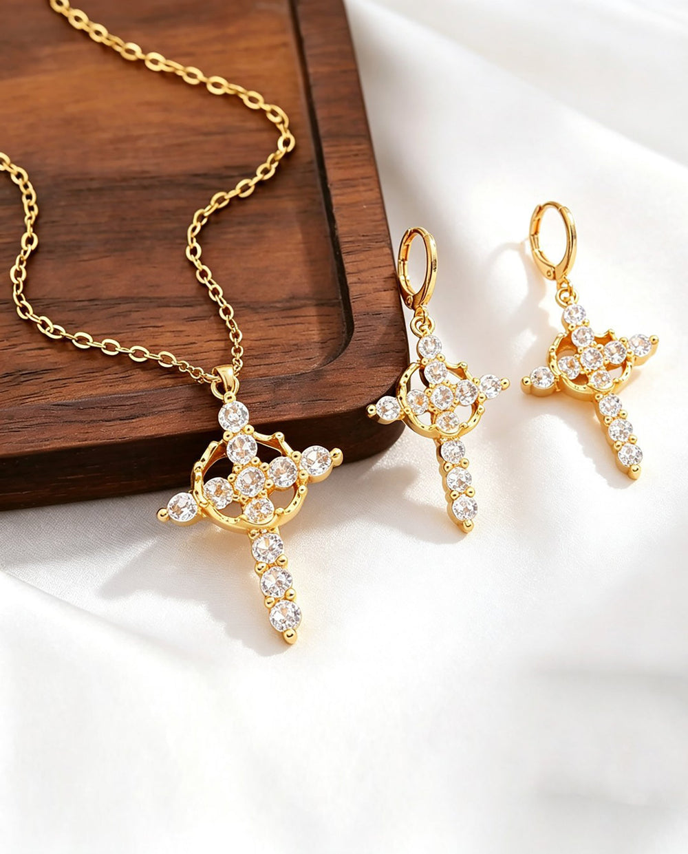 SOLACEGold Rhinestone Cross Pendant Necklace & Huggie Earring Jewelry Set