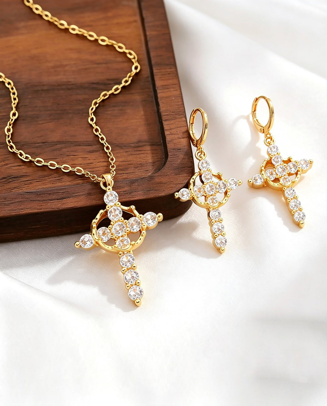 SOLACEGold Rhinestone Cross Pendant Necklace &amp; Huggie Earring Jewelry Set