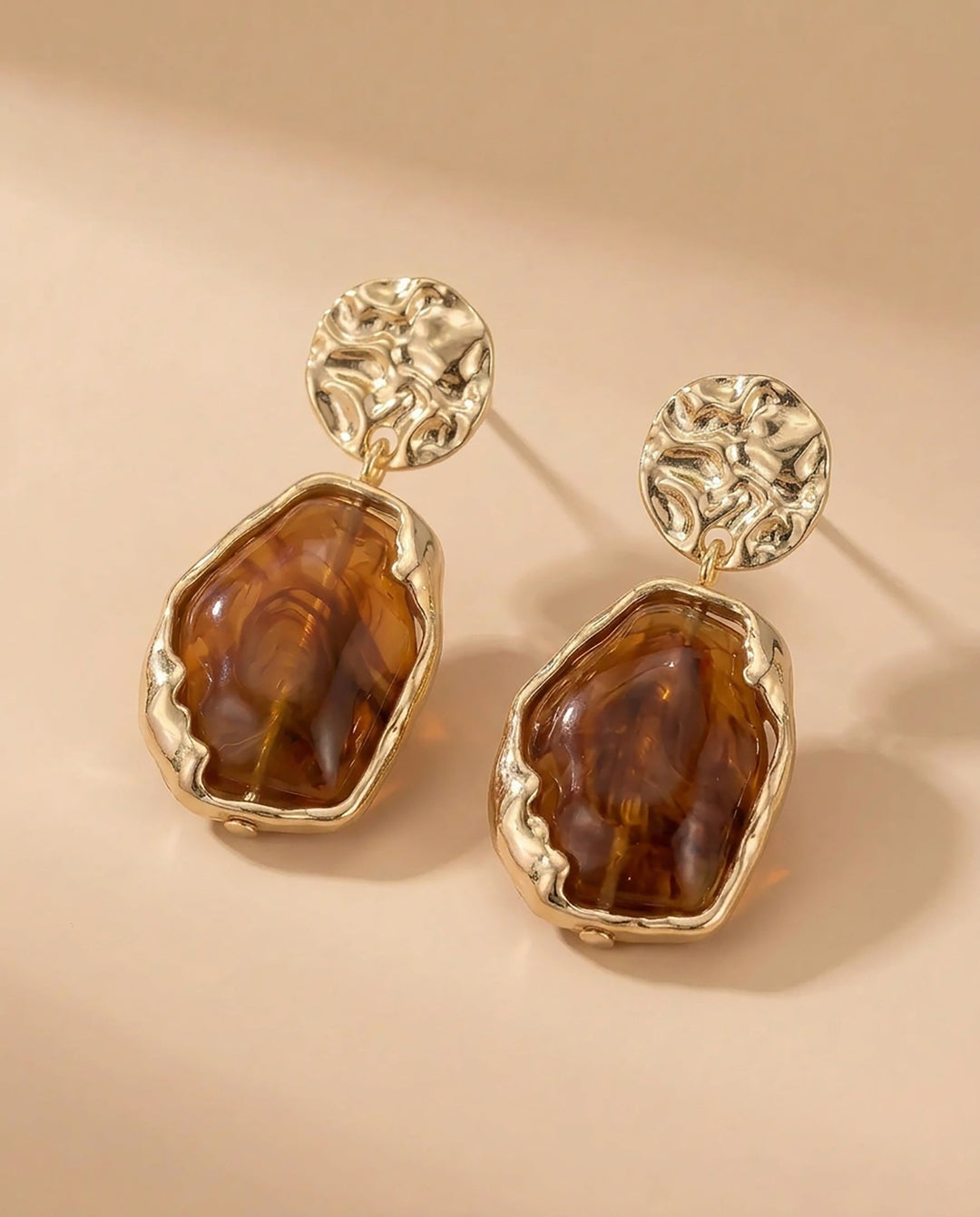 SOLACEGold Tone Hammered Disc Amber Resin Irregular Alloy Drop Earrings
