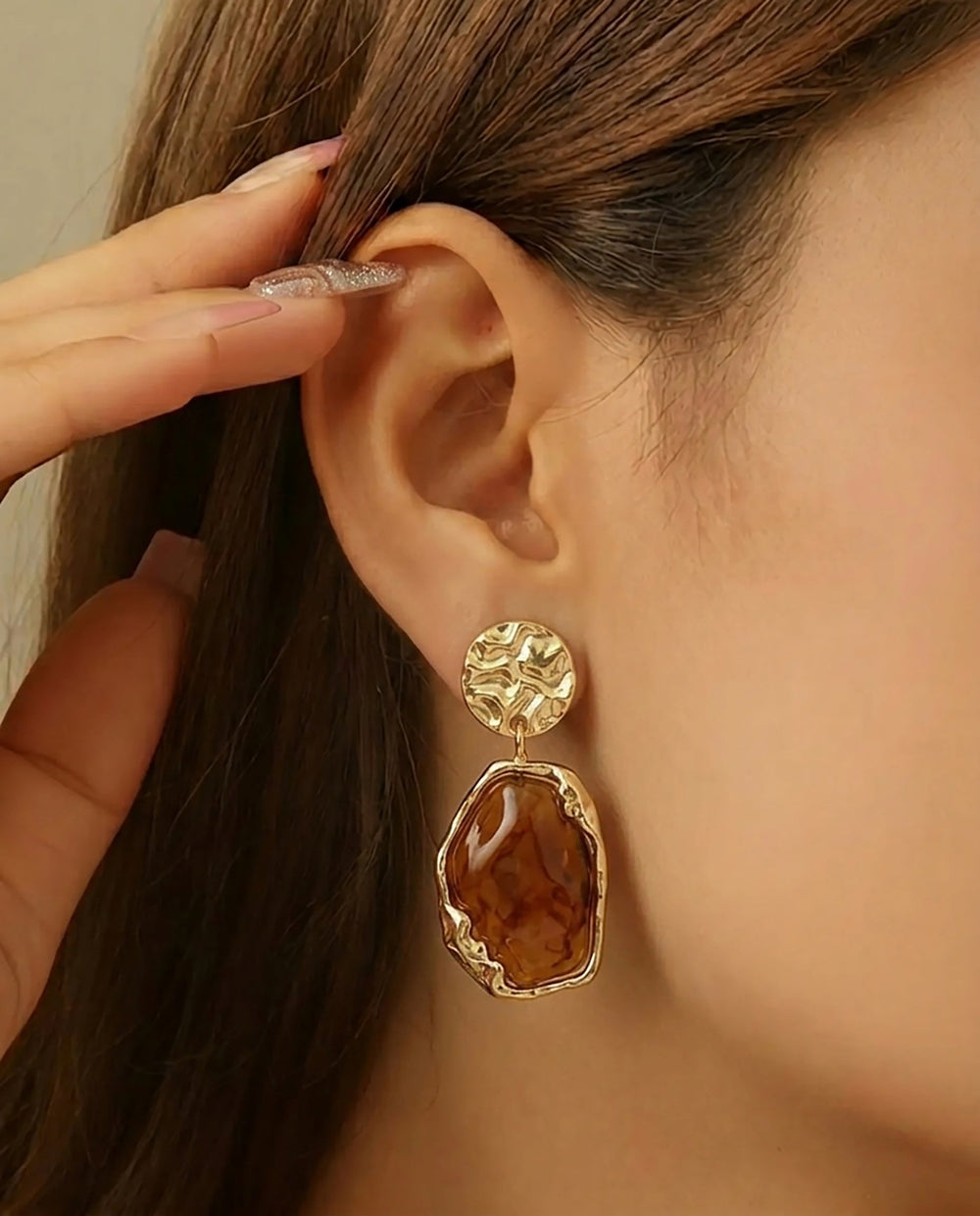 SOLACEGold Tone Hammered Disc Amber Resin Irregular Alloy Drop Earrings