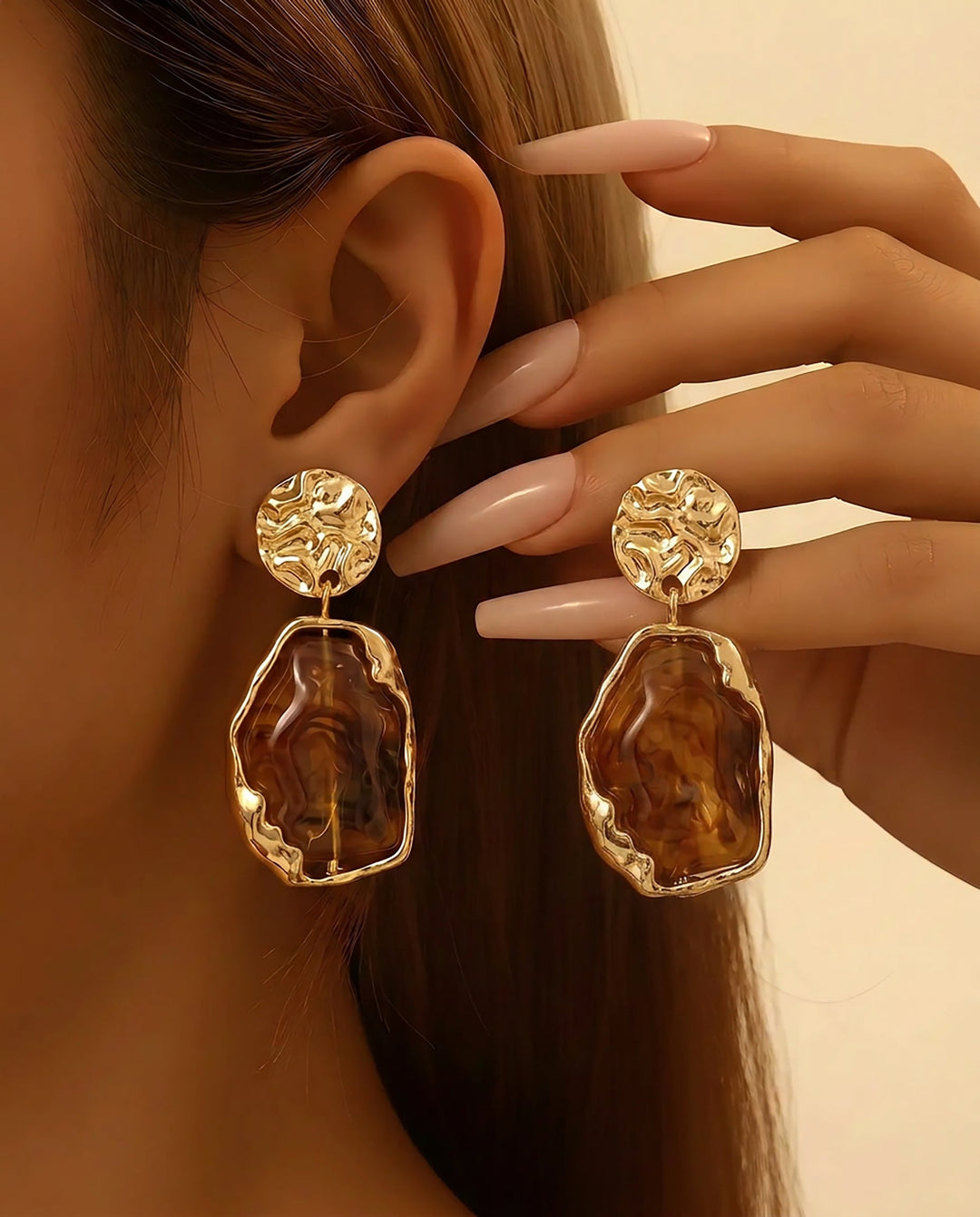 SOLACEGold Tone Hammered Disc Amber Resin Irregular Alloy Drop Earrings
