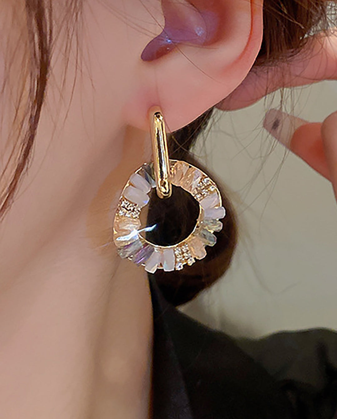 SOLACEGradient Crystal Hollow Circle Double Layer Drop Hoop Earrings
