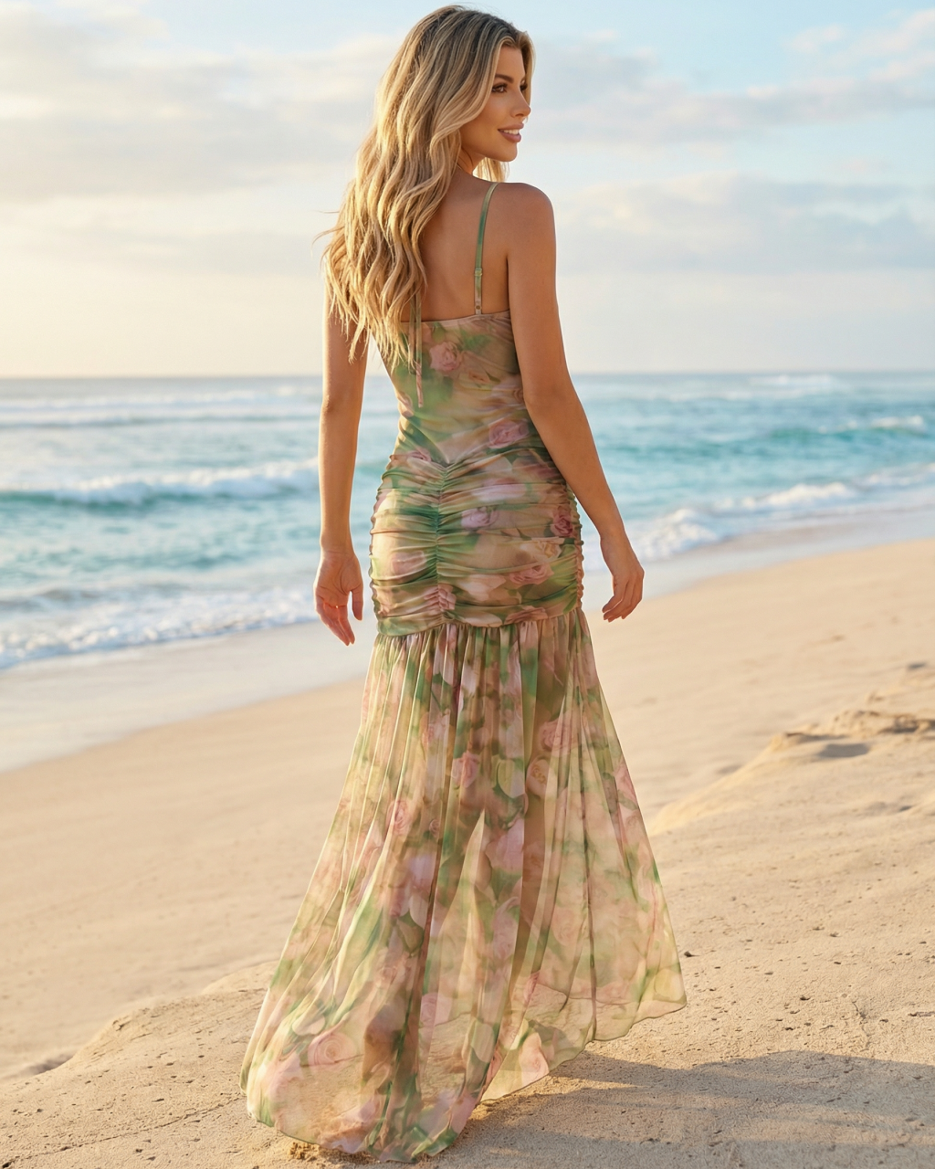 SOLACEGreen Floral Print Mesh Corset Ruched Slit Maxi Dress