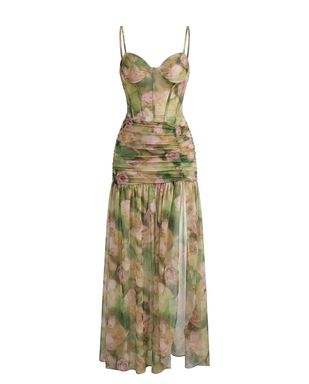 SOLACEGreen Floral Print Mesh Corset Ruched Slit Maxi Dress