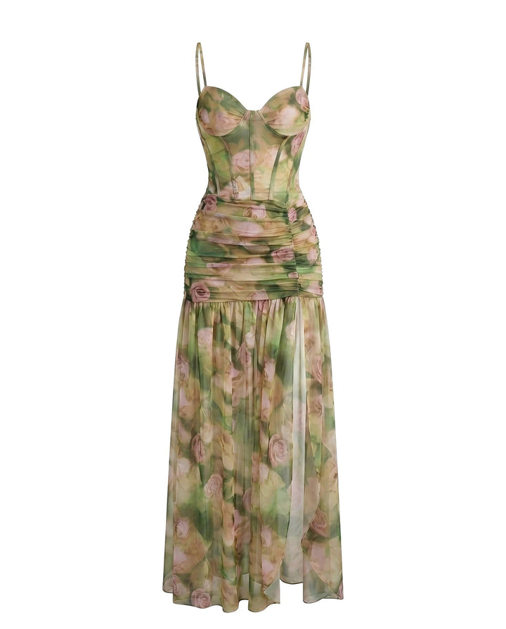 SOLACEGreen Floral Print Mesh Corset Ruched Slit Maxi Dress