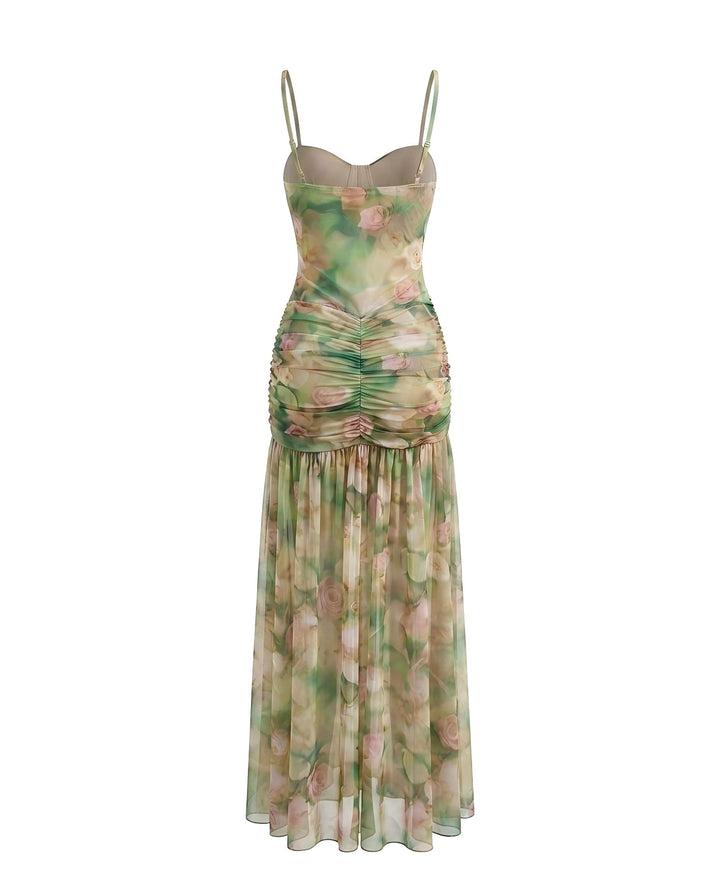 SOLACEGreen Floral Print Mesh Corset Ruched Slit Maxi Dress