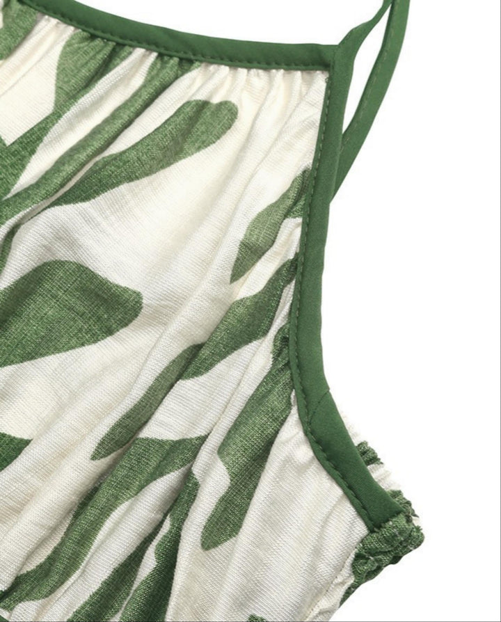 SOLACEGreen Leaf Print Tie-Strap Empire Waist Midi Dress