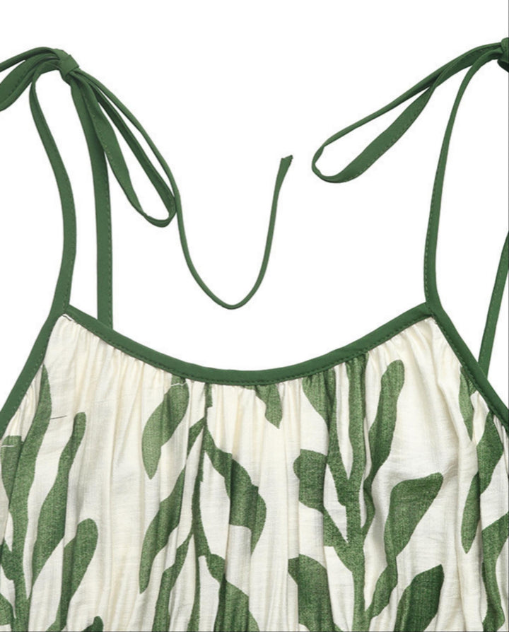 SOLACEGreen Leaf Print Tie-Strap Empire Waist Midi Dress
