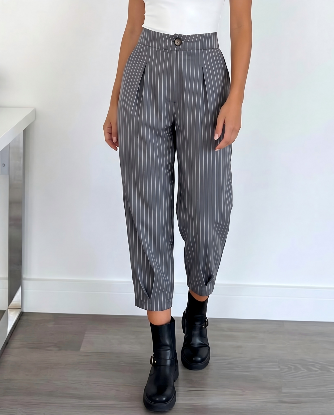 SOLACEGrey White Vertical Stripe High Waist Pleated Cropped Tapered Pants
