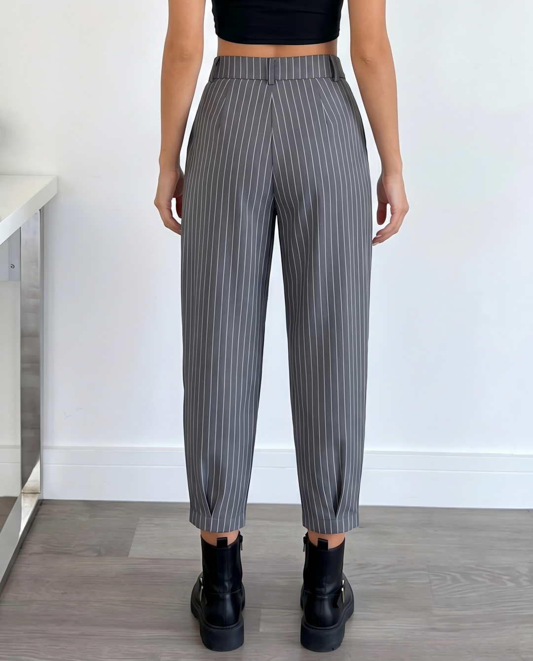 SOLACEGrey White Vertical Stripe High Waist Pleated Cropped Tapered Pants