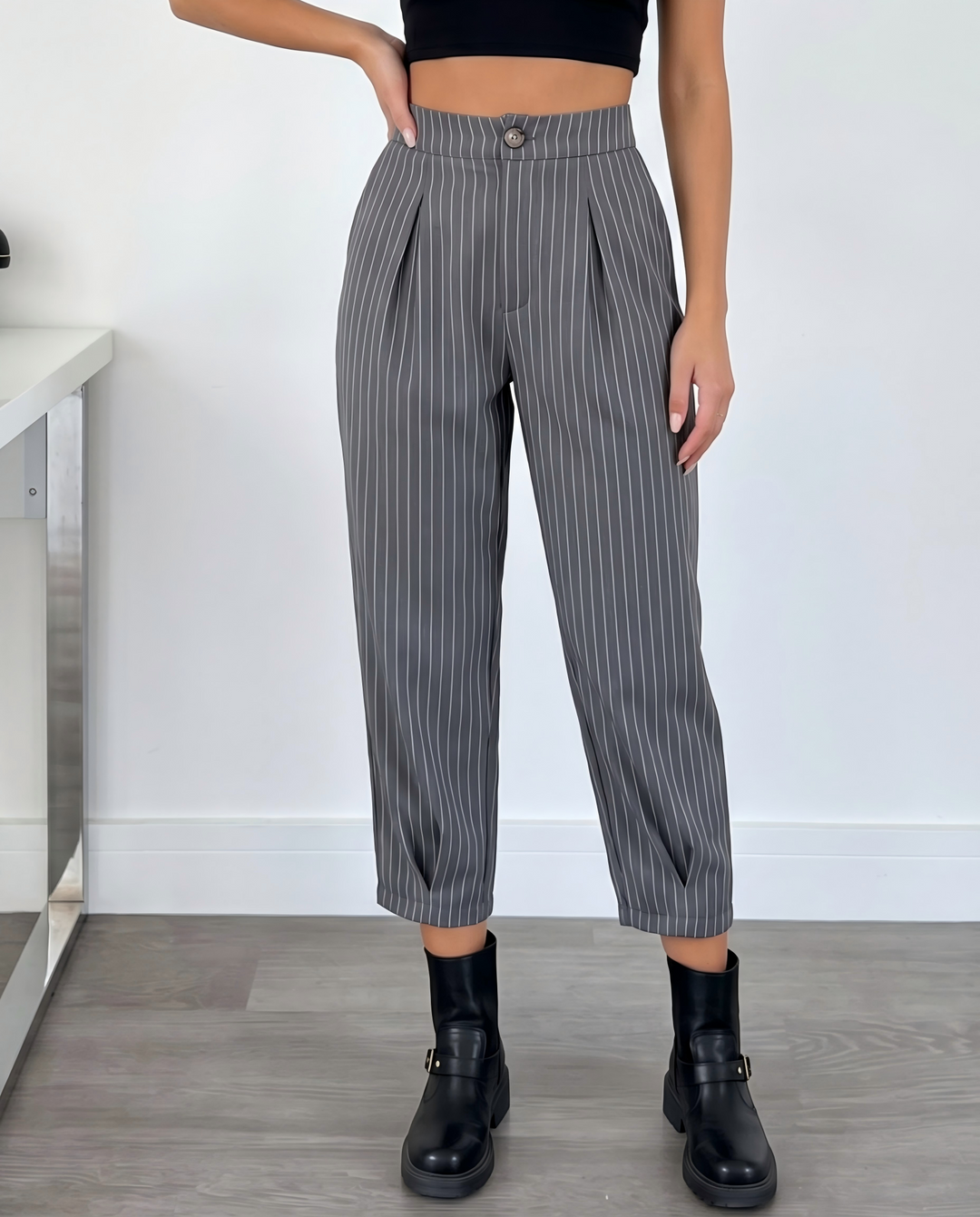 SOLACEGrey White Vertical Stripe High Waist Pleated Cropped Tapered Pants