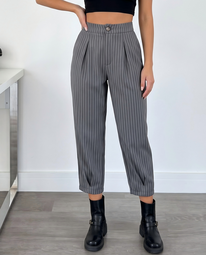 SOLACEGrey White Vertical Stripe High Waist Pleated Cropped Tapered Pants