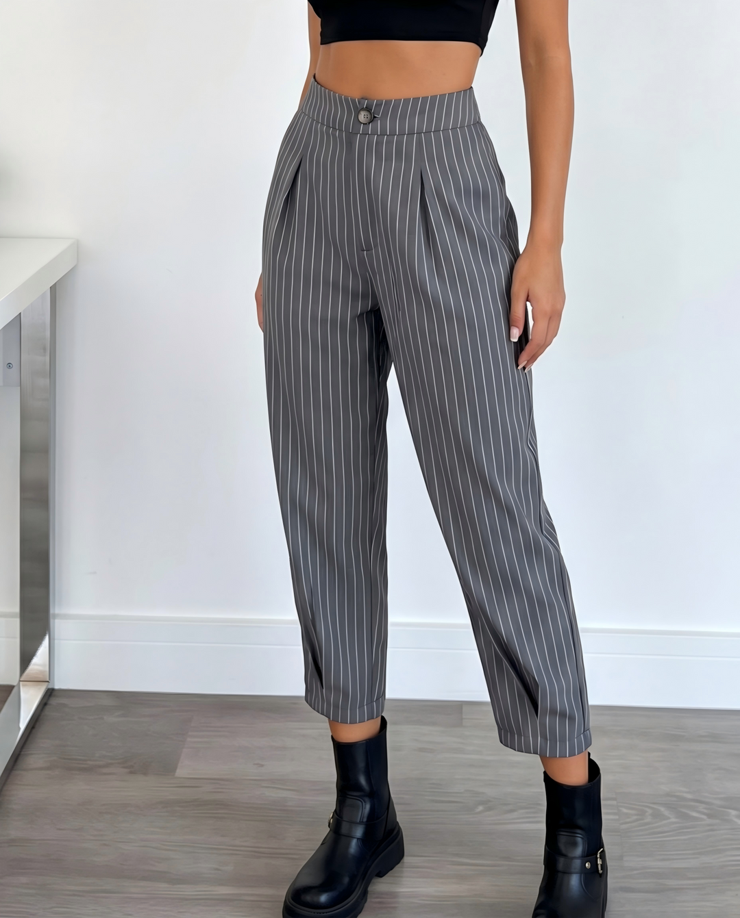 SOLACEGrey White Vertical Stripe High Waist Pleated Cropped Tapered Pants