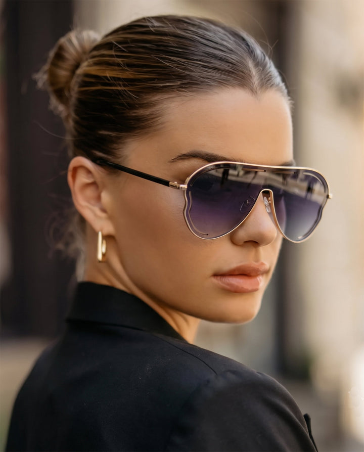 SOLACEHollow Gold Rim Shield Gradient Purple Lens Sunglasses with Black Temples
