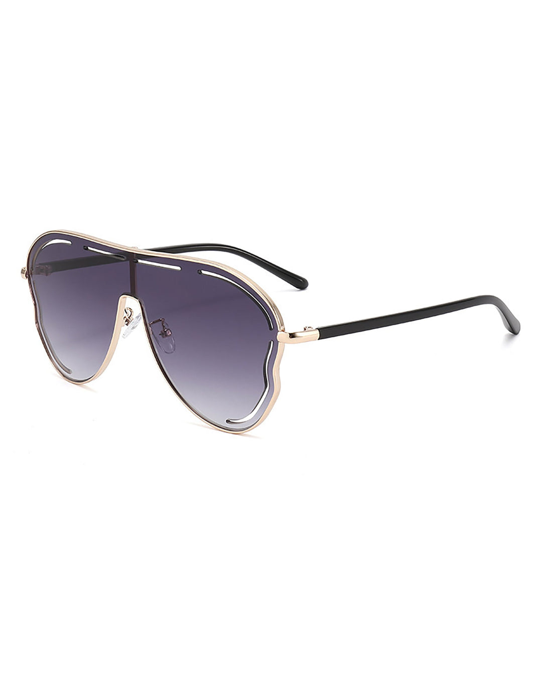 SOLACEHollow Gold Rim Shield Gradient Purple Lens Sunglasses with Black Temples