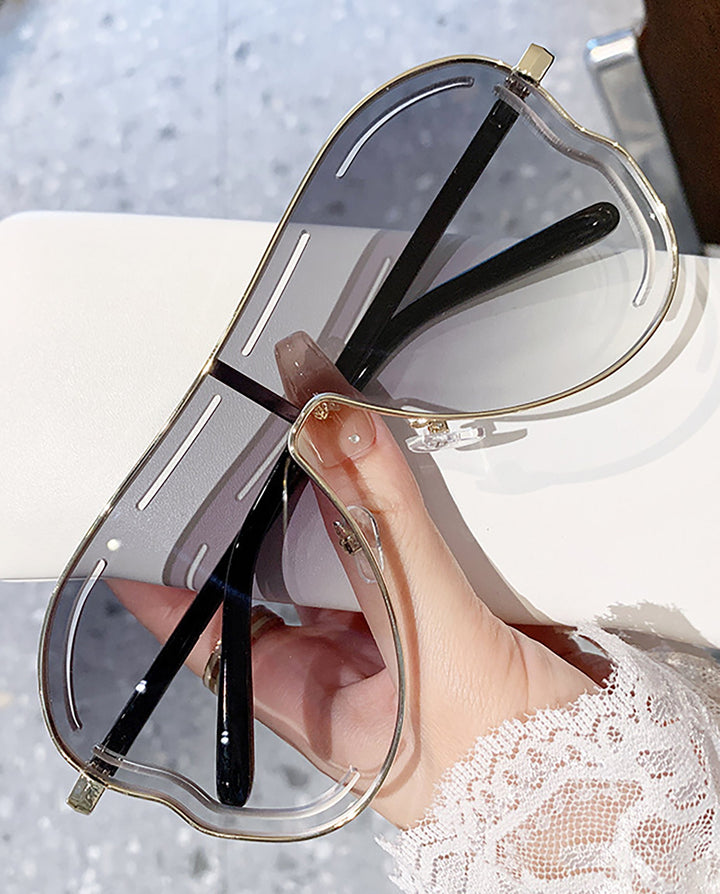 SOLACEHollow Gold Rim Shield Gradient Purple Lens Sunglasses with Black Temples