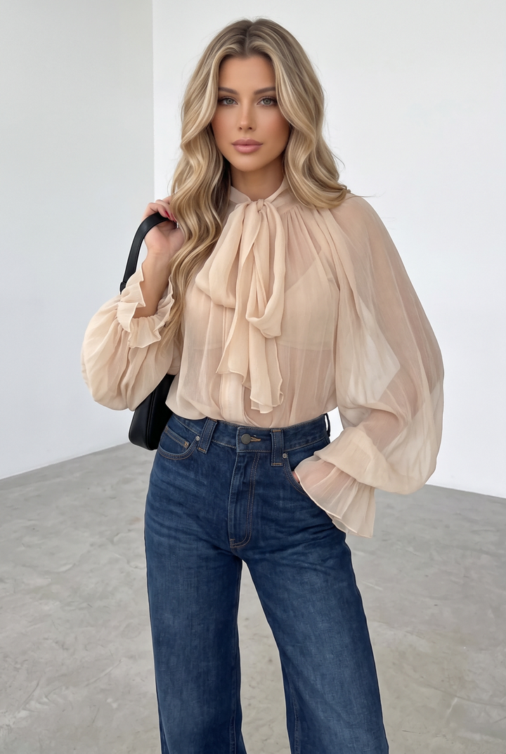 Women Elegant Tie Neck Lantern Sleeve Chiffon Top