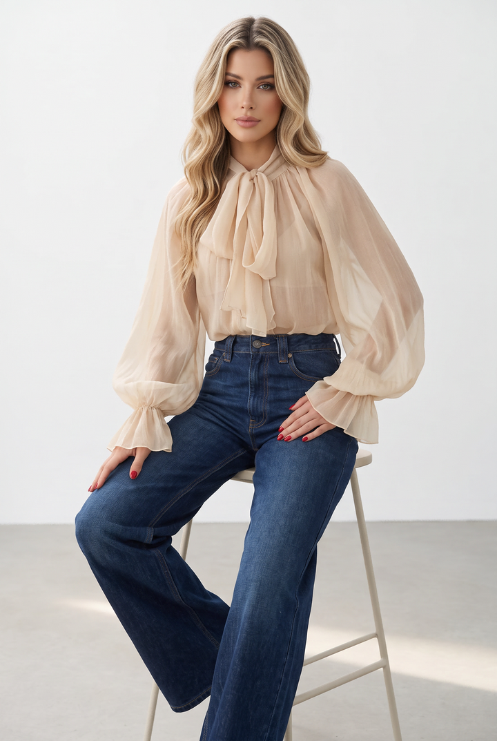 Women Elegant Tie Neck Lantern Sleeve Chiffon Top