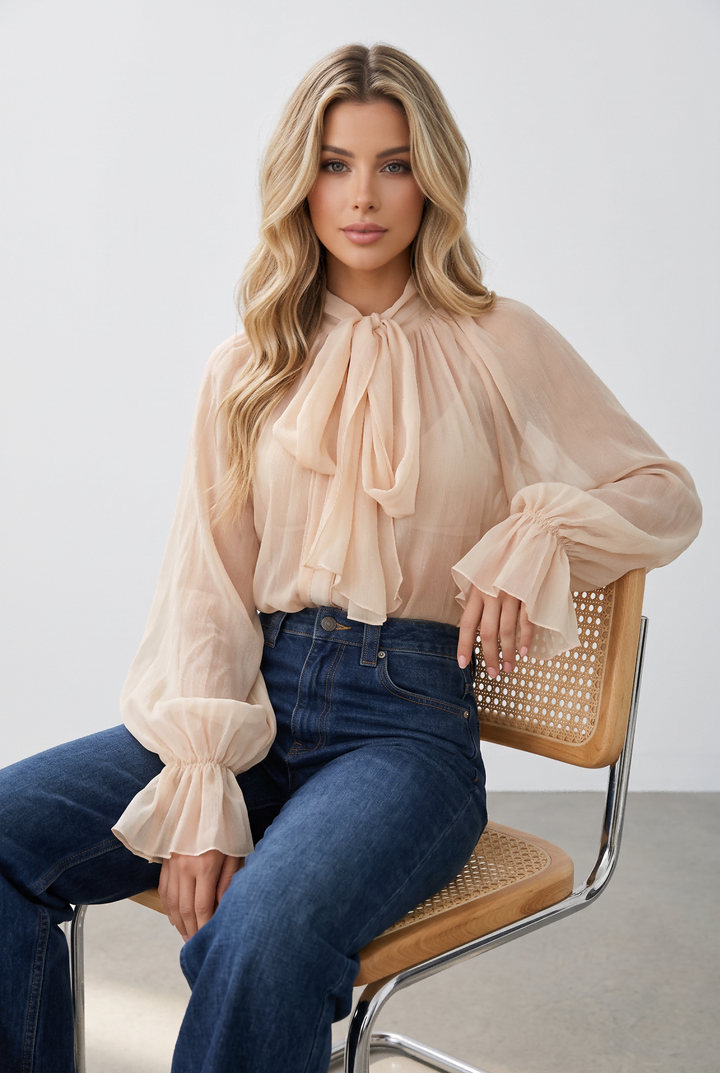 Women Elegant Tie Neck Lantern Sleeve Chiffon Top