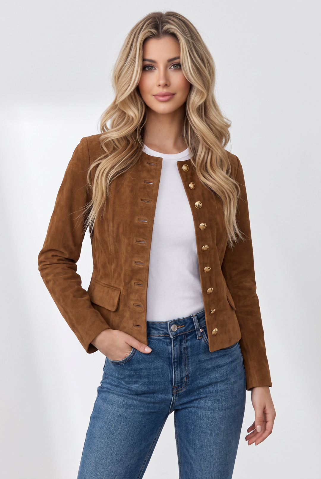 Gold Button Decorated Round Neck Suede Jacket