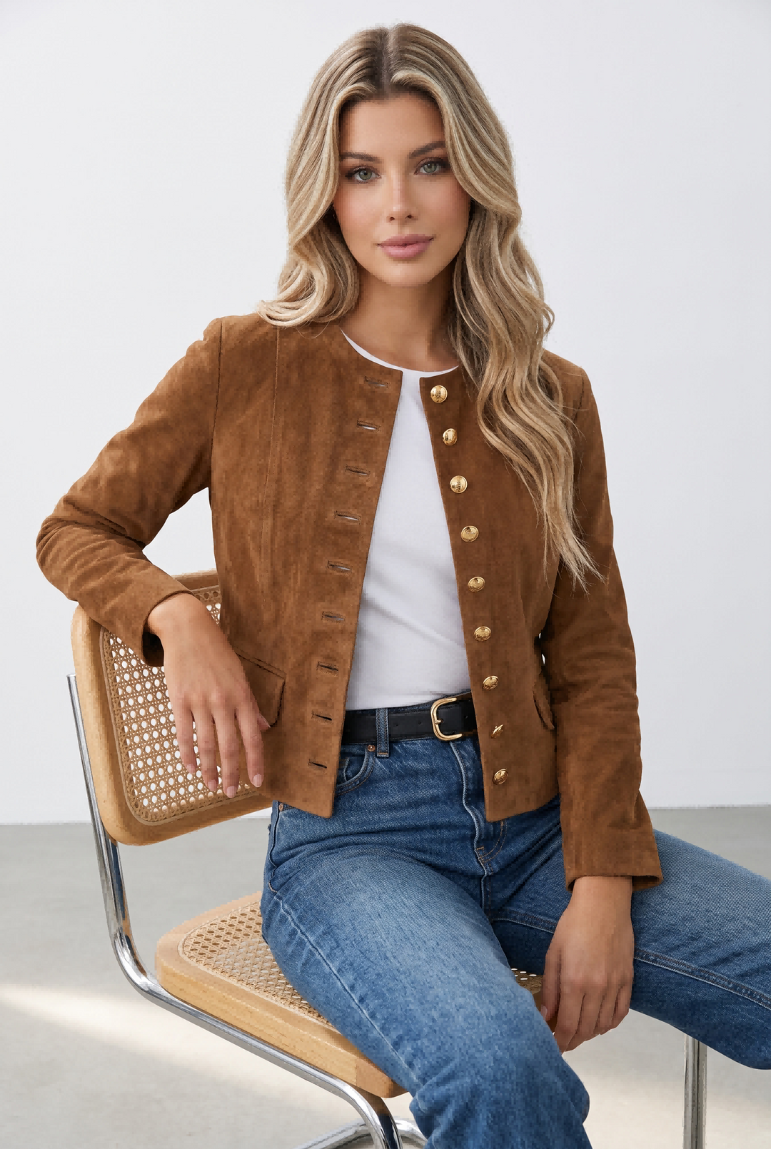 Gold Button Decorated Round Neck Suede Jacket