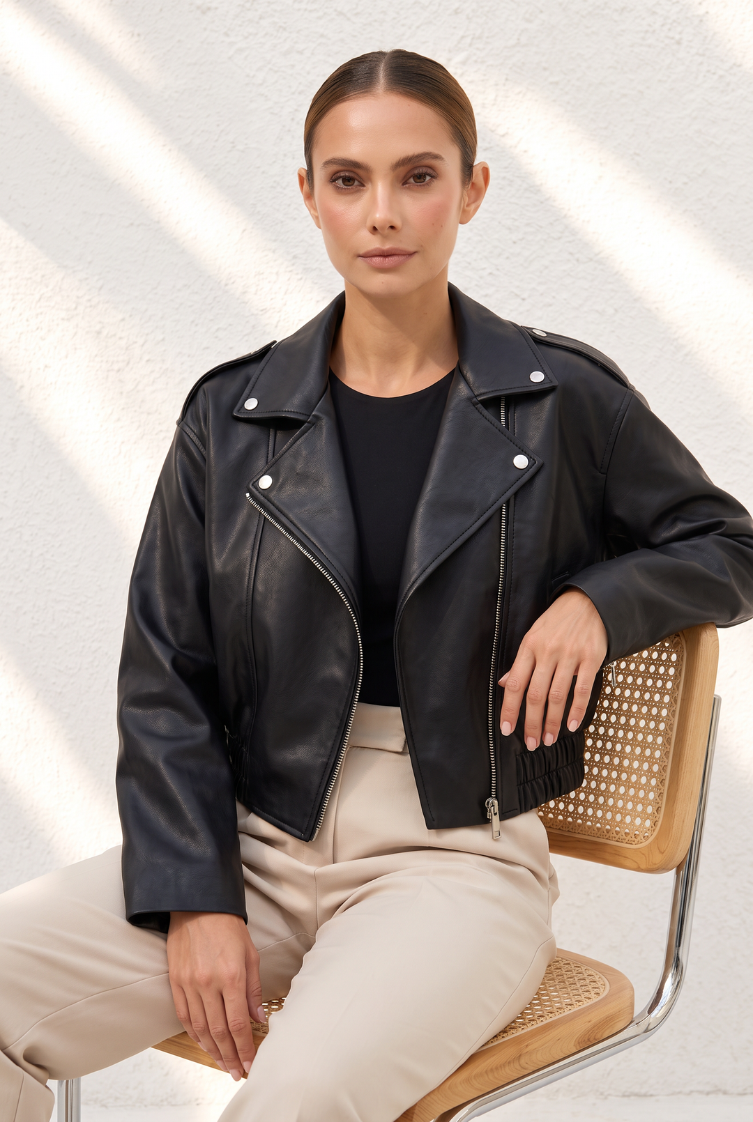 Asymmetric Zipper Lapel Faux Leather Cropped Jacket
