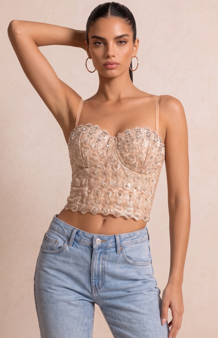 SOLACE CHICRhinestone Beaded Lace Adjustable Strap Corset Top