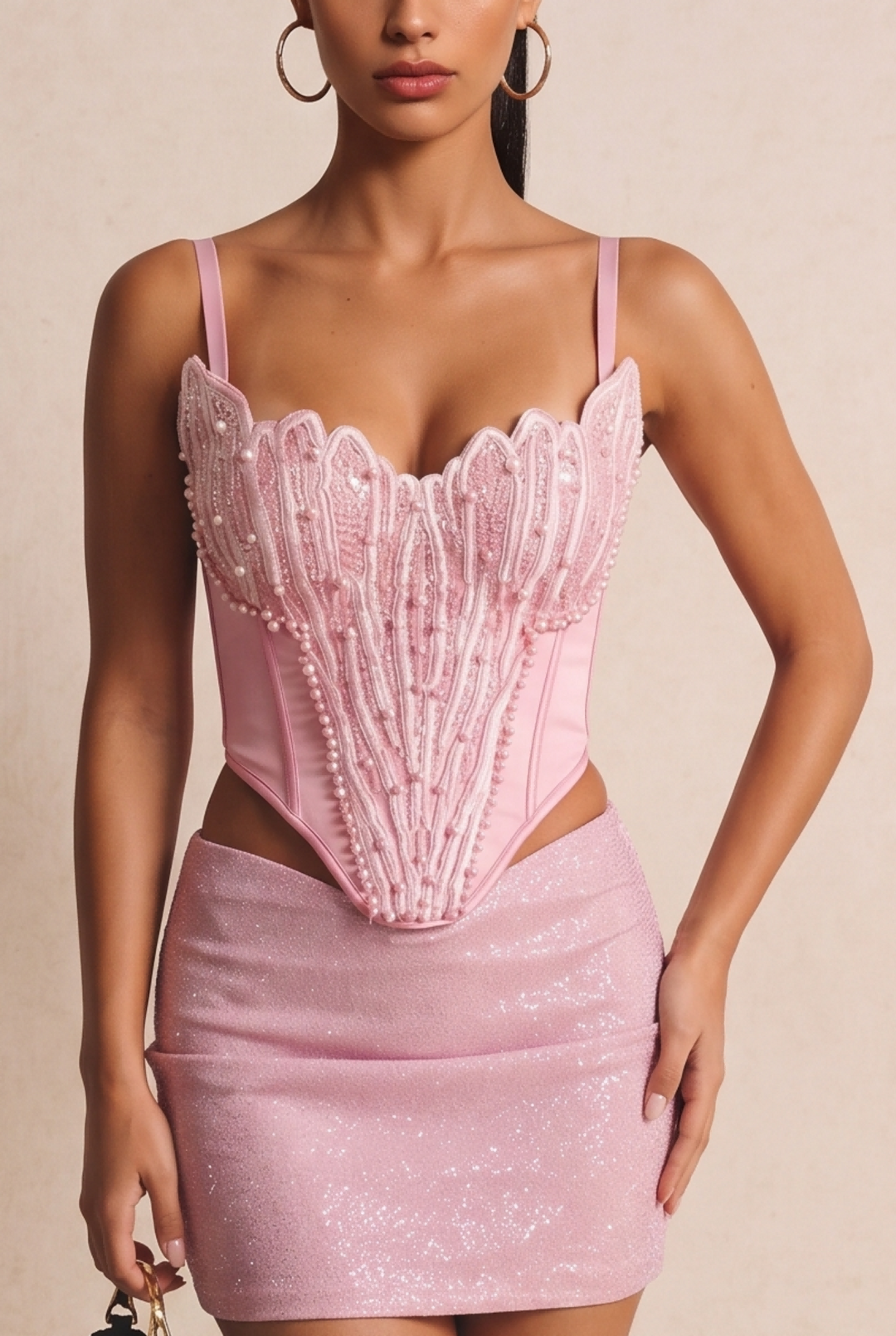 SOLACE CHICPearl Beaded Adjustable Strap Slim Fit Corset Top