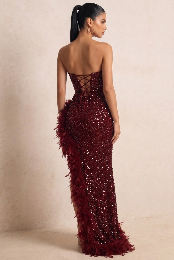 Strapless Sequin Feather Asymmetrical Mermaid Prom Gown