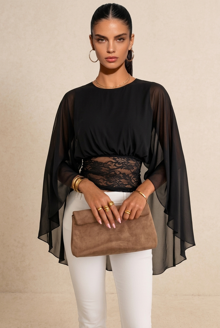 Black Chiffon Cape Sleeve Lace Panel Blouse