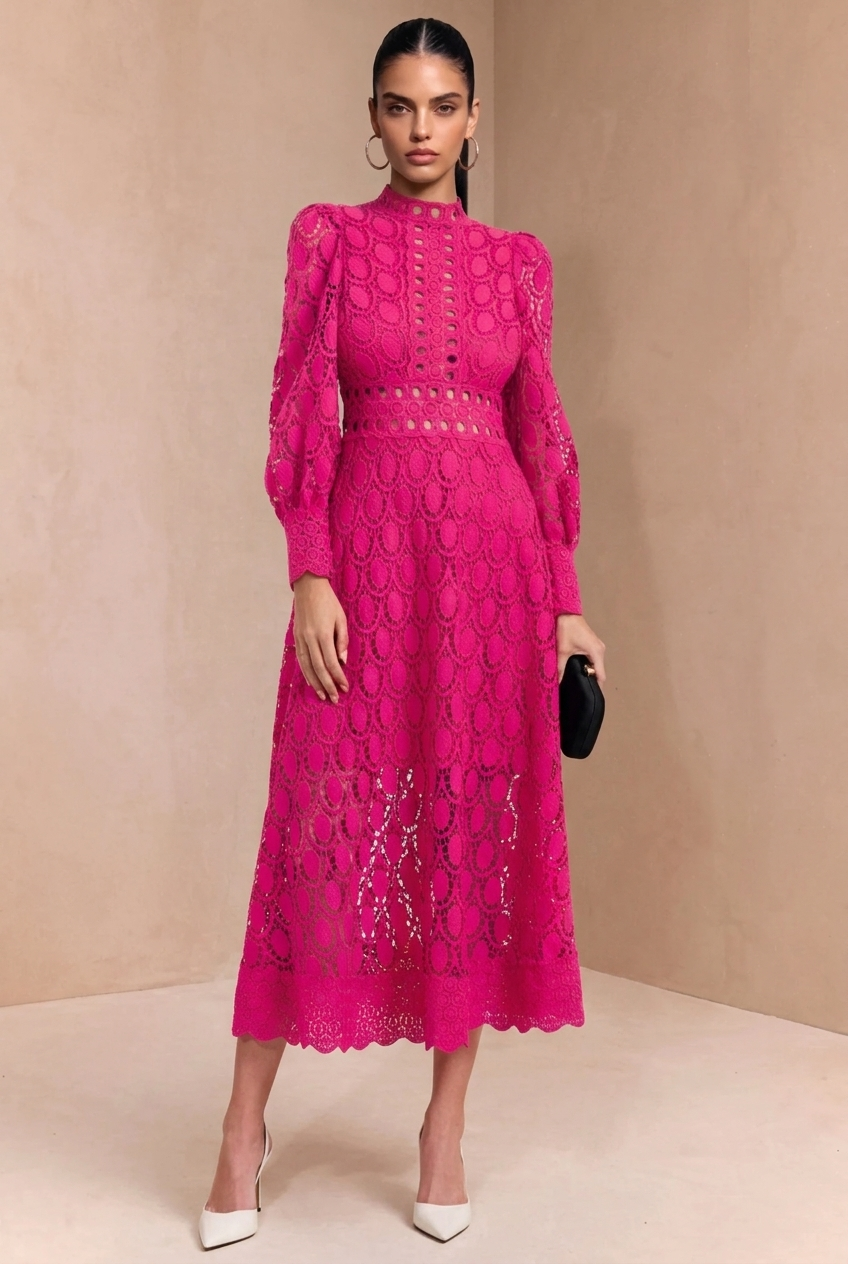 Long Sleeve Lace A-line Midi Dress
