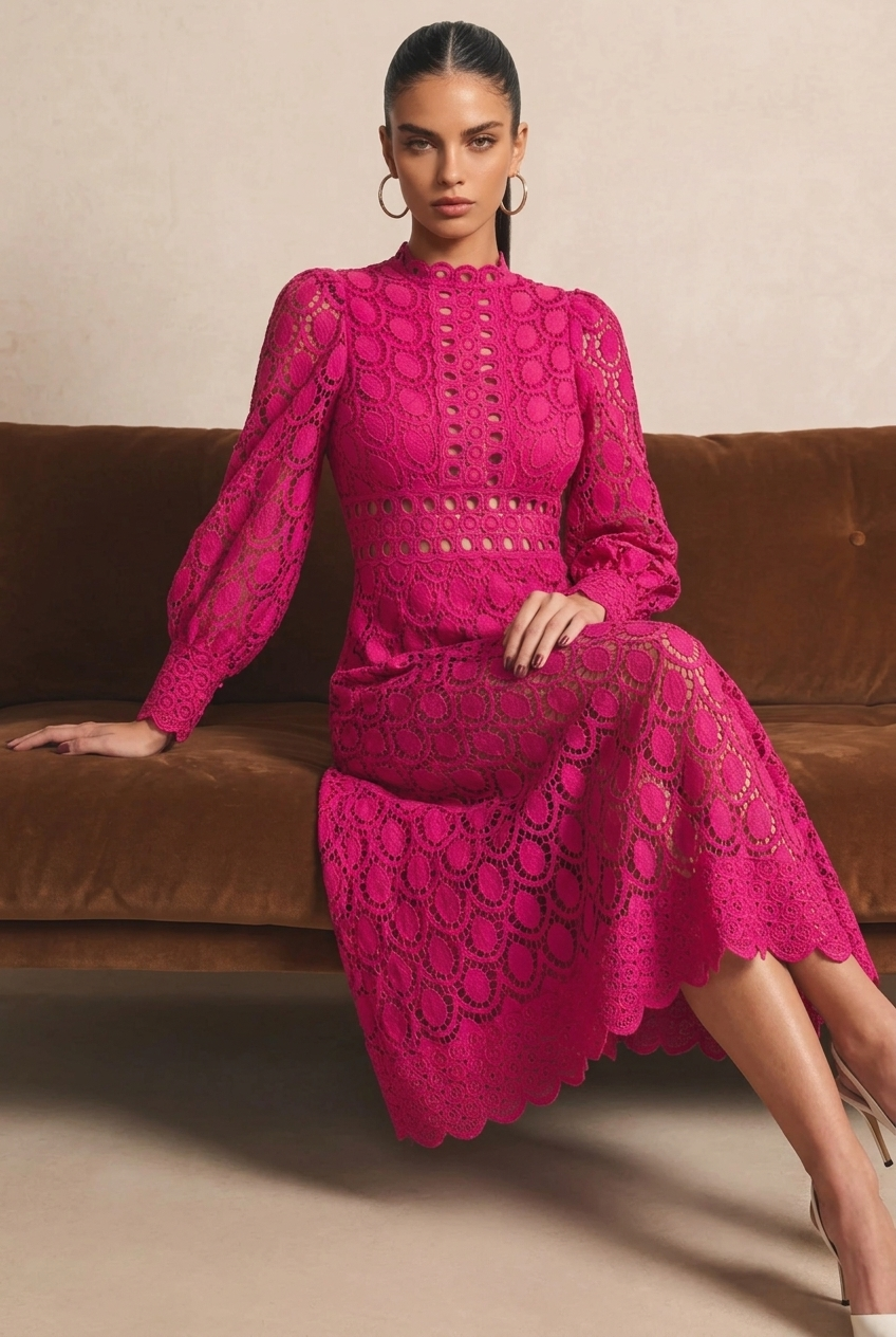 Long Sleeve Lace A-line Midi Dress