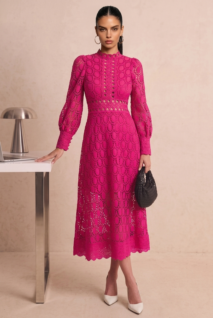 Long Sleeve Lace A-line Midi Dress