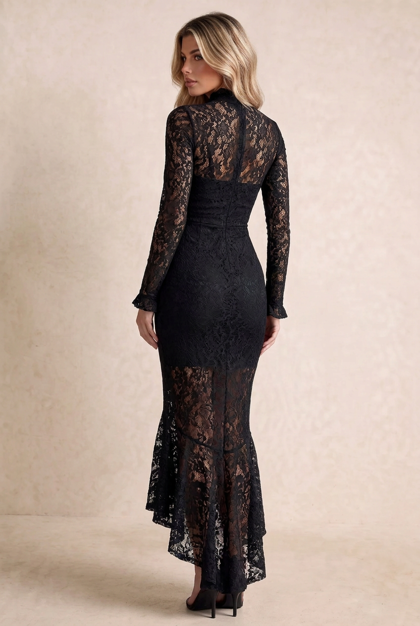 SOLACE CHICBlack High Neck Lace Midi Mermaid Dress