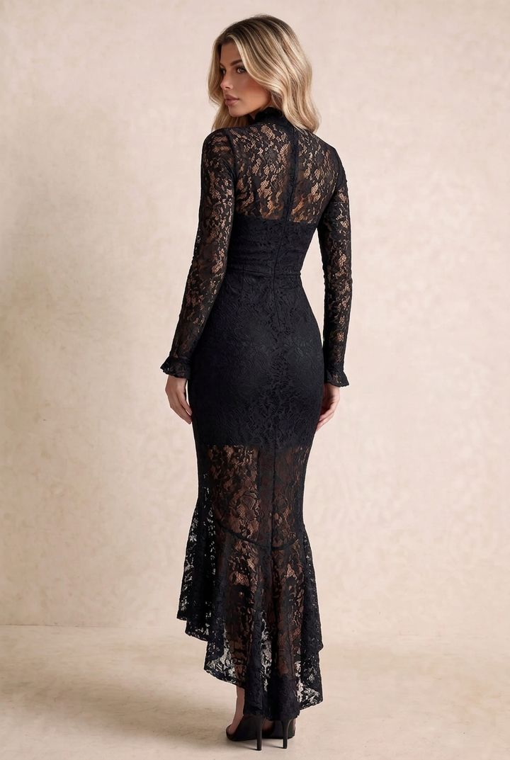 SOLACE CHICBlack High Neck Lace Midi Mermaid Dress