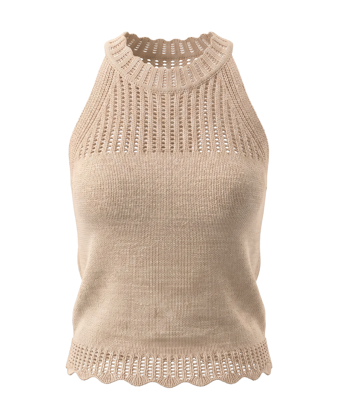SOLACEKhaki Halter Neck Sleeveless Scallop Hem Knit Top