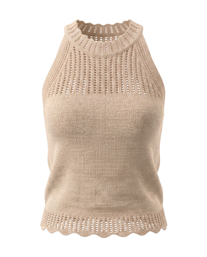 SOLACEKhaki Halter Neck Sleeveless Scallop Hem Knit Top