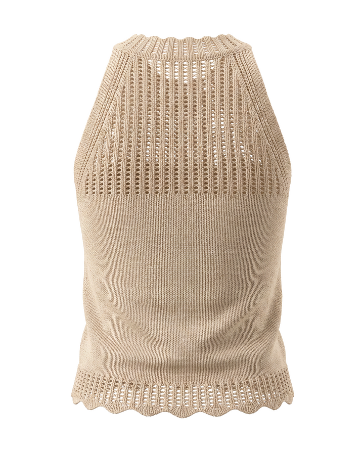 SOLACEKhaki Halter Neck Sleeveless Scallop Hem Knit Top