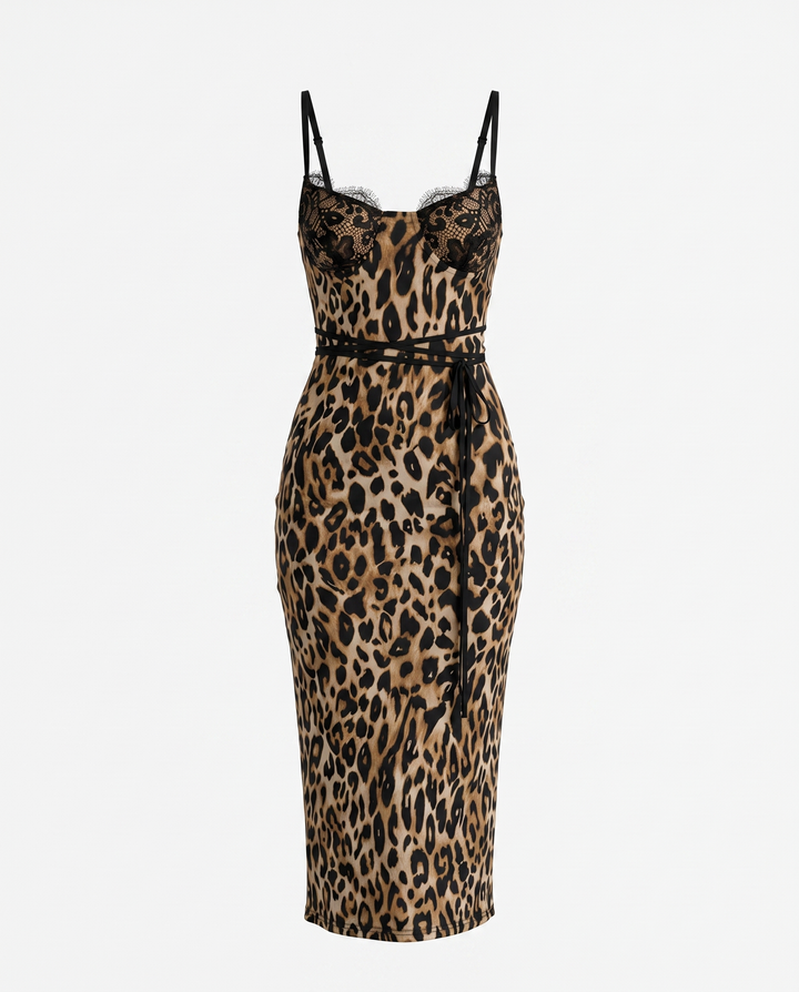 SOLACELeopard Print Lace Bustier Midi Dress